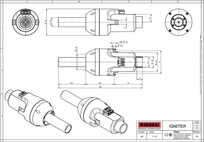 Чертеж тепловентилятора для поджига Leister Igniter BM4 Чертеж тепловентилятора для поджига Leister Igniter BM4