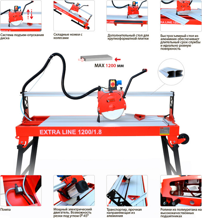 Характеристики станка для резки плитки с водой Diam Extra Line EX-1200/1.8