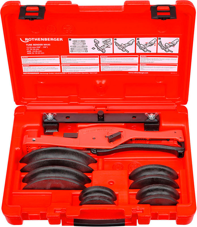 Ручной арбалетный трубогиб Rothenberger Tube Bender Maxi Set 3/8-1/2-5/8-3/4-7/8 в пластиковом кейсе Ручной арбалетный трубогиб Rothenberger Tube Bender Maxi Set 3/8-1/2-5/8-3/4-7/8 в пластиковом кейсе