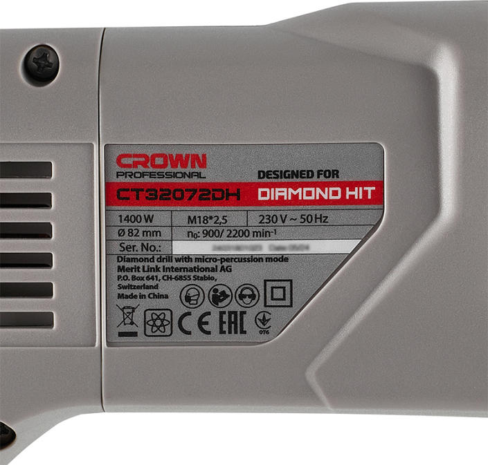 Шильдик дрели для сухого алмазного сверления с микроударом Crown CT32072DH BMC