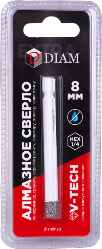 Упаковка алмазного сверла вакуумного спекания Diam Extra Line V-Tech HEX-E 1/4" 8 мм Упаковка алмазного сверла вакуумного спекания Diam Extra Line V-Tech HEX-E 1/4" 8 мм